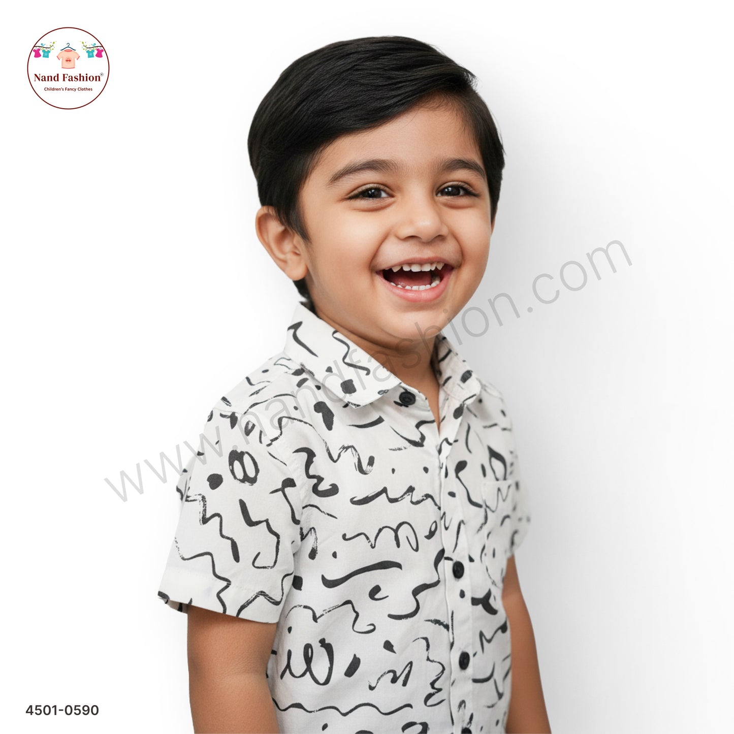 Boys White Abstract Scribble Print Cotton Shirt – Half Sleeve Casual Wear