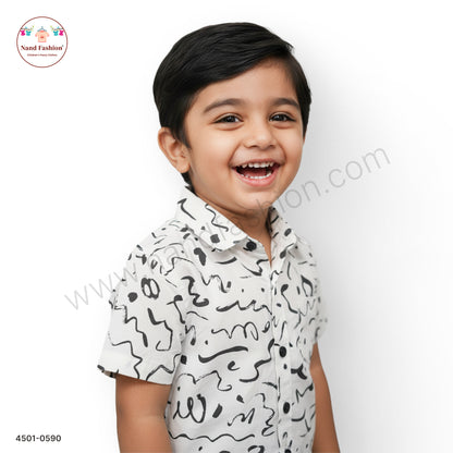 Boys White Abstract Scribble Print Cotton Shirt – Half Sleeve Casual Wear