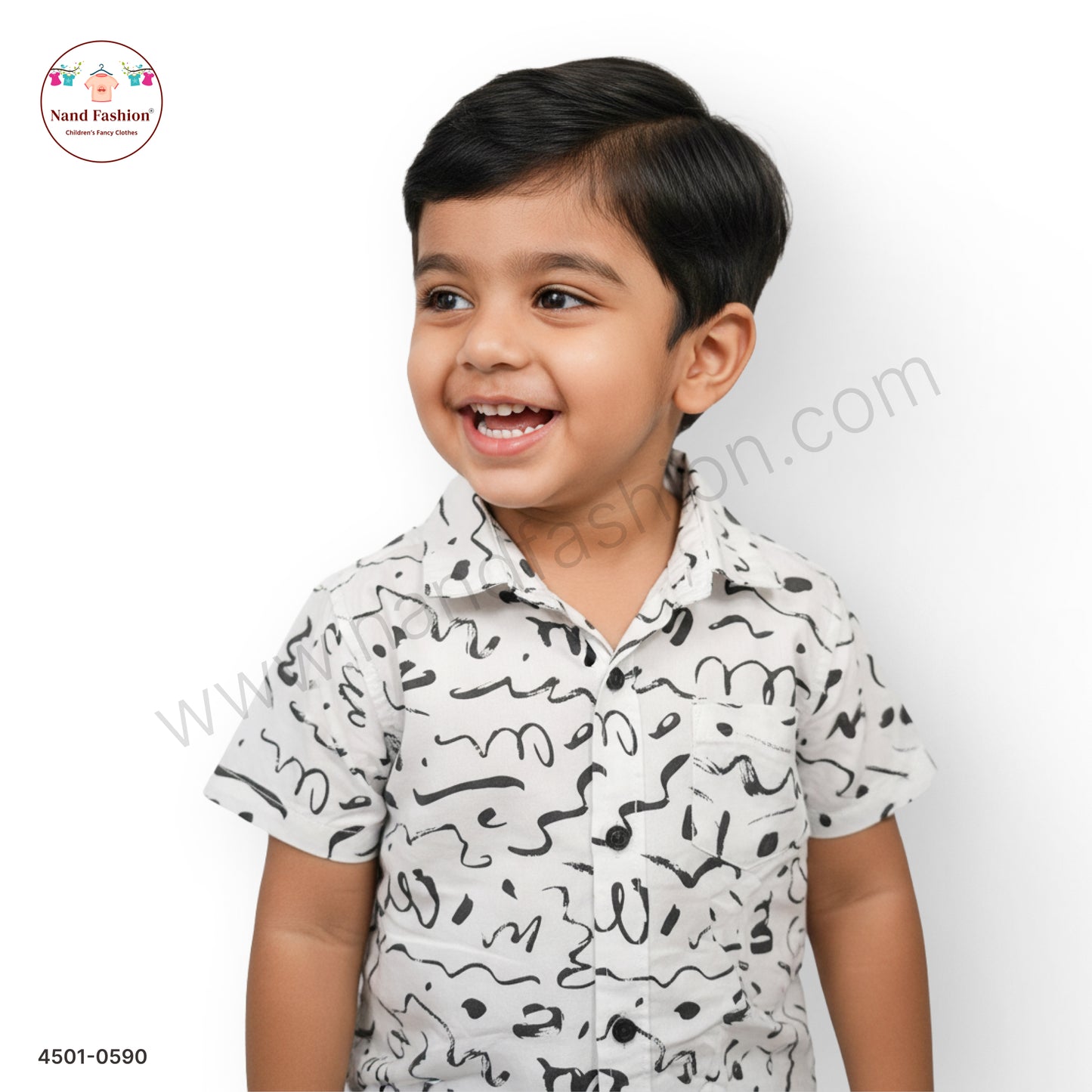 Boys White Abstract Scribble Print Cotton Shirt – Half Sleeve Casual Wear