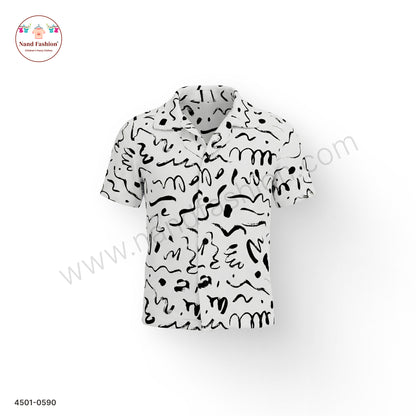 Boys White Abstract Scribble Print Cotton Shirt – Half Sleeve Casual Wear