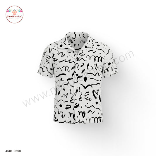 Boys White Abstract Scribble Print Cotton Shirt – Half Sleeve Casual Wear