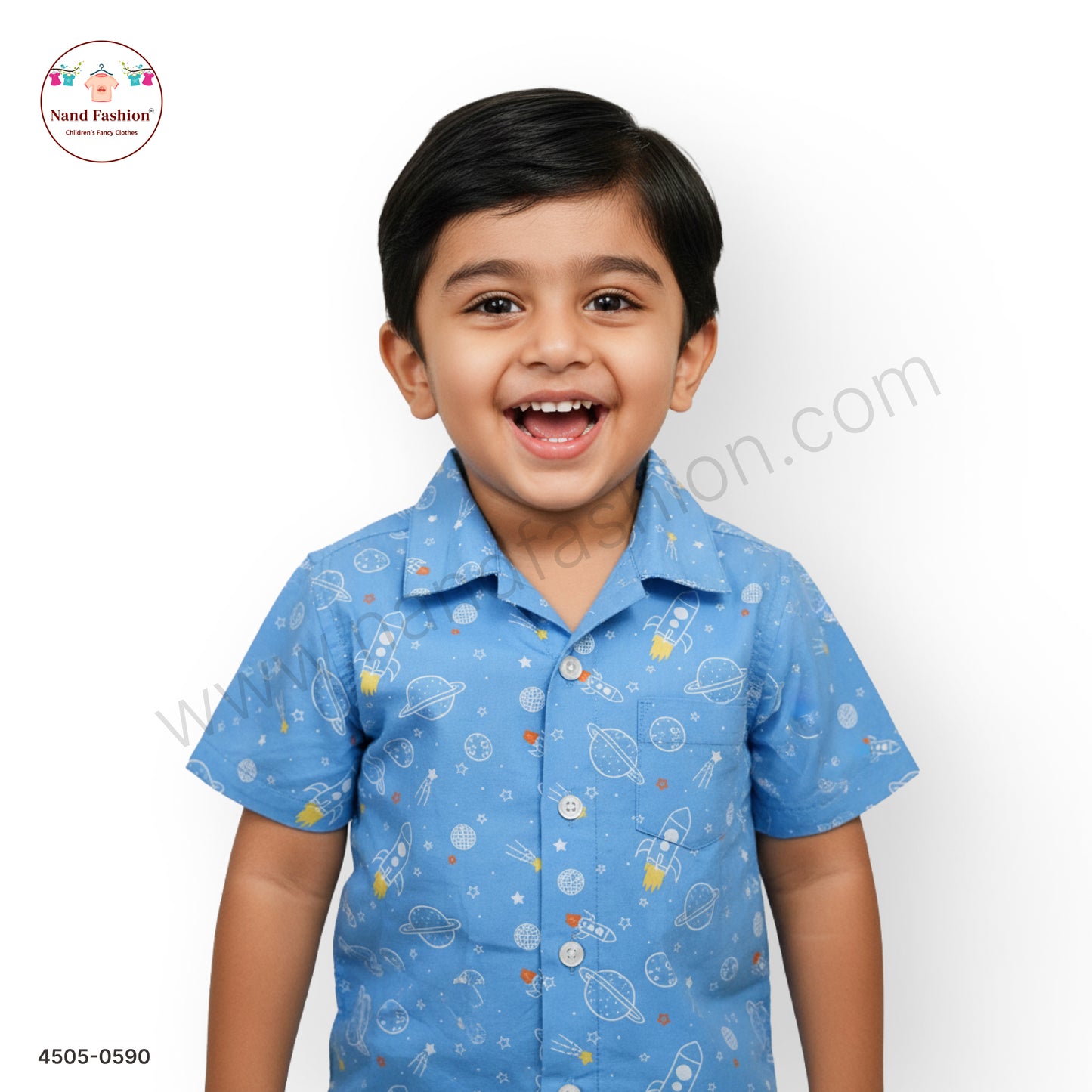 Kids Blue Space Print Cotton Shirt – Rocket & Planet Design (Boys Casual Wear)