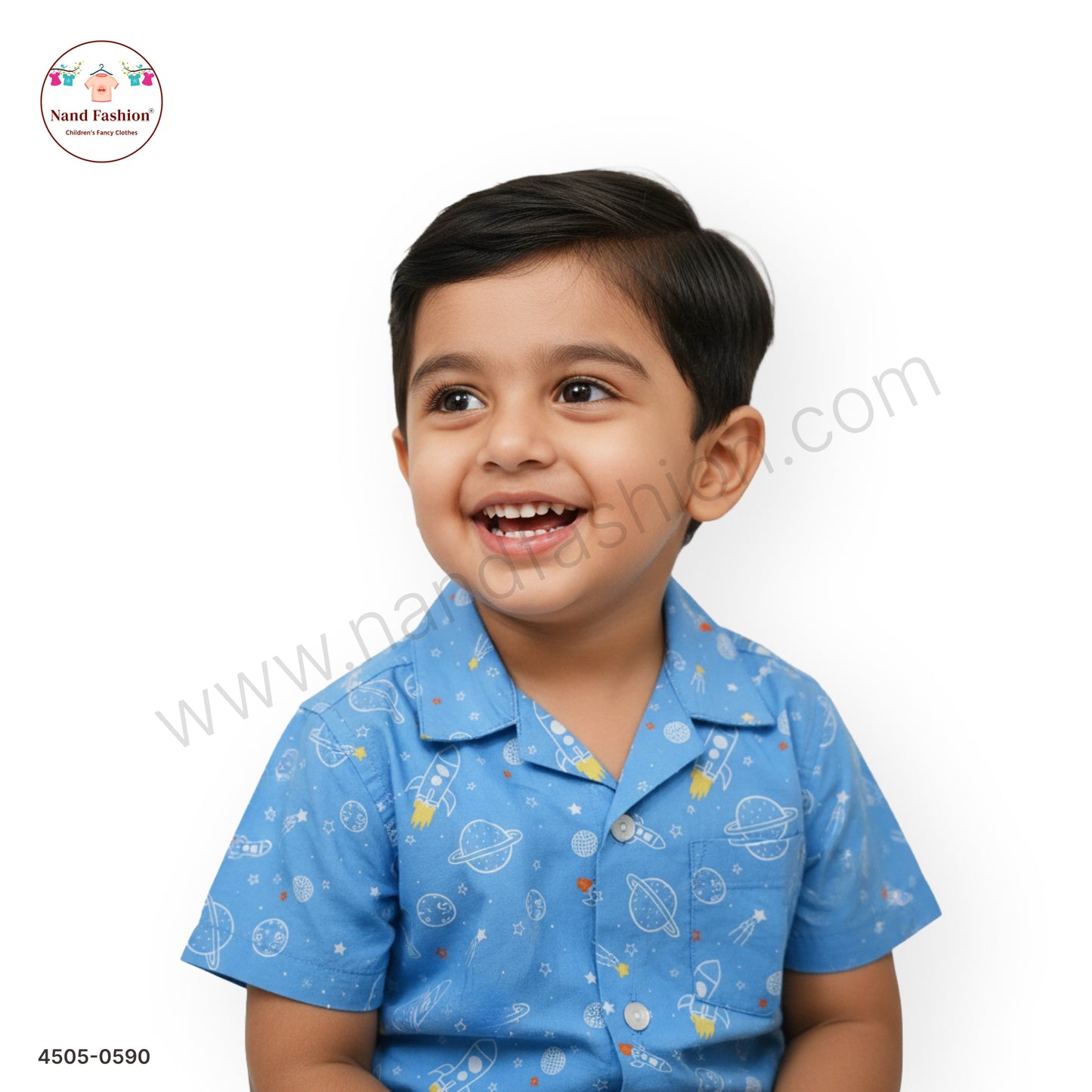 Kids Blue Space Print Cotton Shirt – Rocket & Planet Design (Boys Casual Wear)