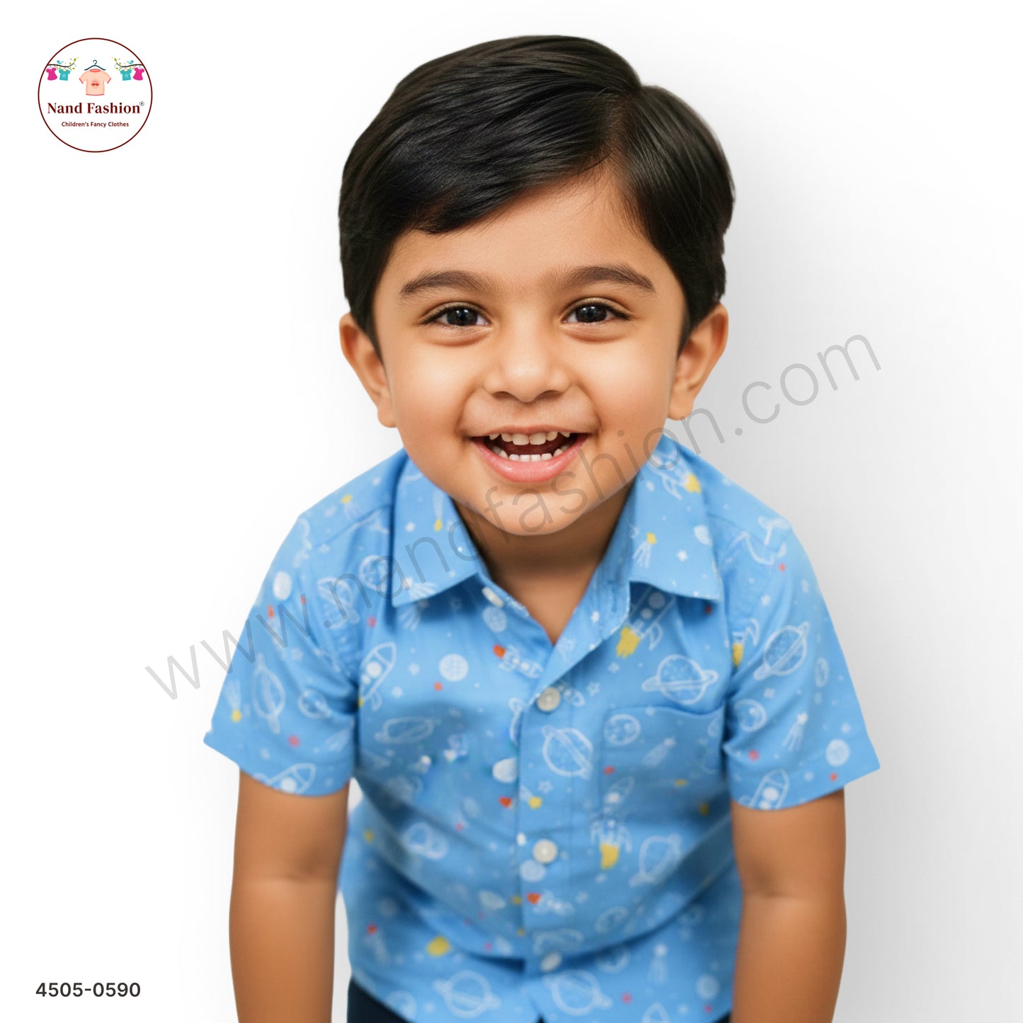 Kids Blue Space Print Cotton Shirt – Rocket & Planet Design (Boys Casual Wear)