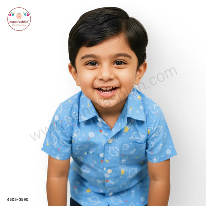 Kids Blue Space Print Cotton Shirt – Rocket & Planet Design (Boys Casual Wear)