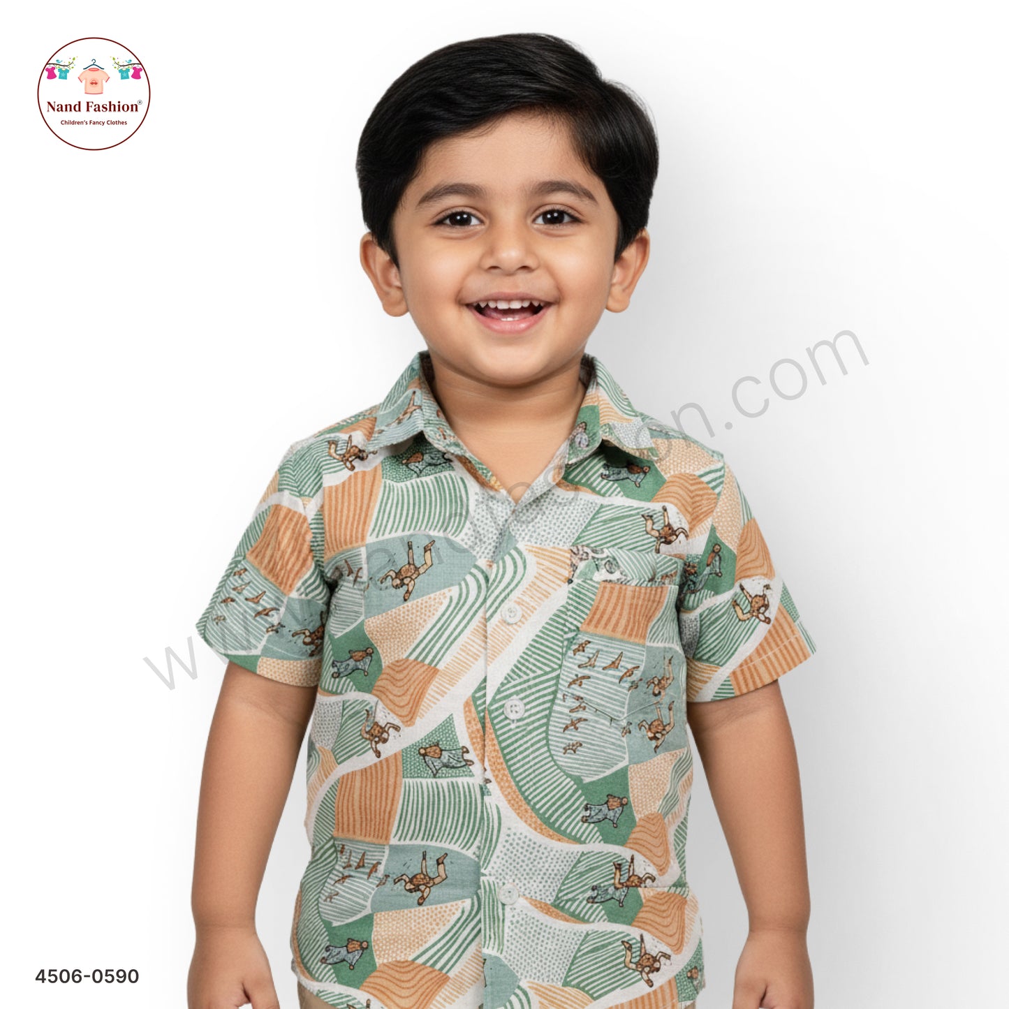 Boys Green & Beige Animal Print Cotton Shirt – Half Sleeve Casual Wear