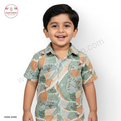 Boys Green & Beige Animal Print Cotton Shirt – Half Sleeve Casual Wear