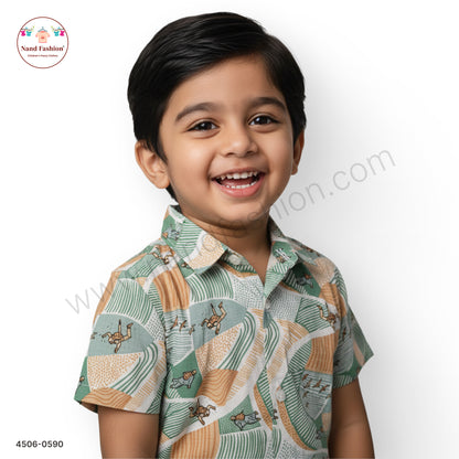 Boys Green & Beige Animal Print Cotton Shirt – Half Sleeve Casual Wear