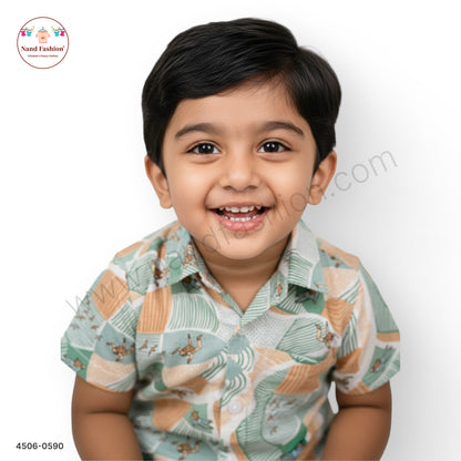 Boys Green & Beige Animal Print Cotton Shirt – Half Sleeve Casual Wear