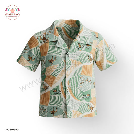 Boys Green & Beige Animal Print Cotton Shirt – Half Sleeve Casual Wear