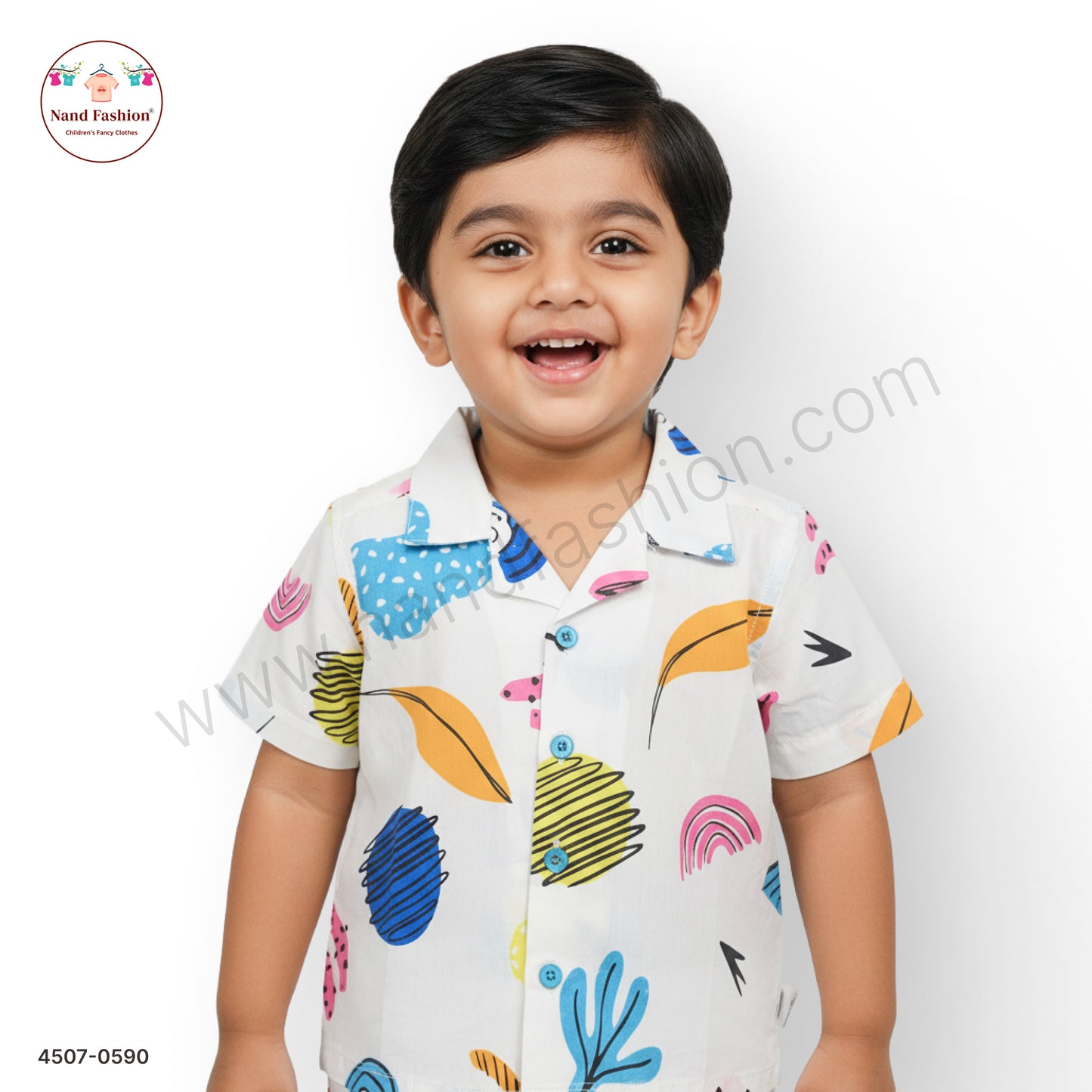Boys White Multicolor Abstract Print Cotton Shirt – Half Sleeve Casual Wear