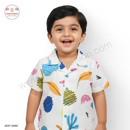 Boys White Multicolor Abstract Print Cotton Shirt – Half Sleeve Casual Wear