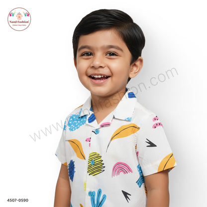 Boys White Multicolor Abstract Print Cotton Shirt – Half Sleeve Casual Wear