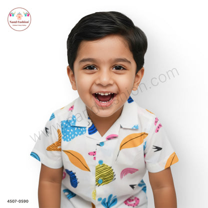 Boys White Multicolor Abstract Print Cotton Shirt – Half Sleeve Casual Wear
