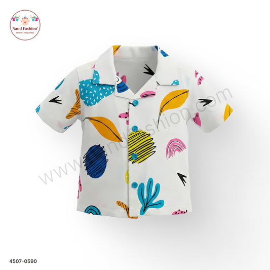Boys White Multicolor Abstract Print Cotton Shirt – Half Sleeve Casual Wear