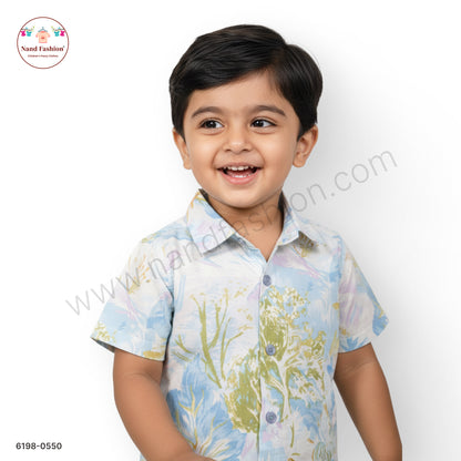 Boys Pastel Blue Floral Print Cotton Shirt – Half Sleeve Casual Wear