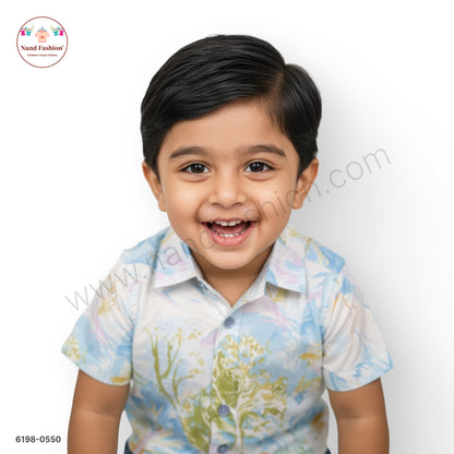 Boys Pastel Blue Floral Print Cotton Shirt – Half Sleeve Casual Wear