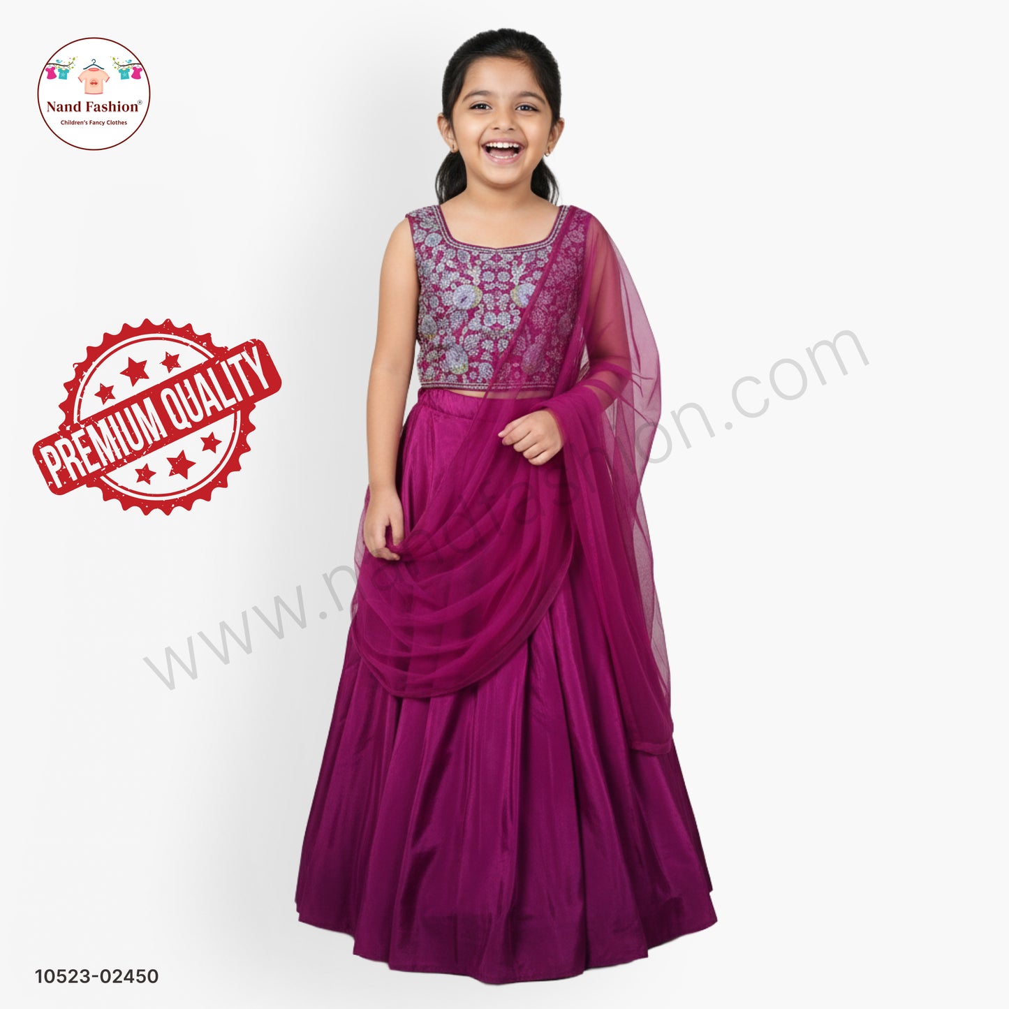 Wine Purple Embroidered Chaniya Choli with Net Dupatta for Girls – Premium Festive Lehenga Set