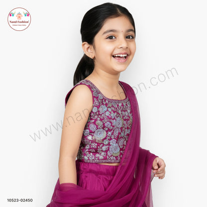 Wine Purple Embroidered Chaniya Choli with Net Dupatta for Girls – Premium Festive Lehenga Set