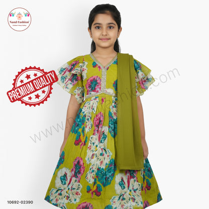 Olive Green Floral Printed Chaniya Choli with Dupatta for Girls – Elegant Festive Wear Set