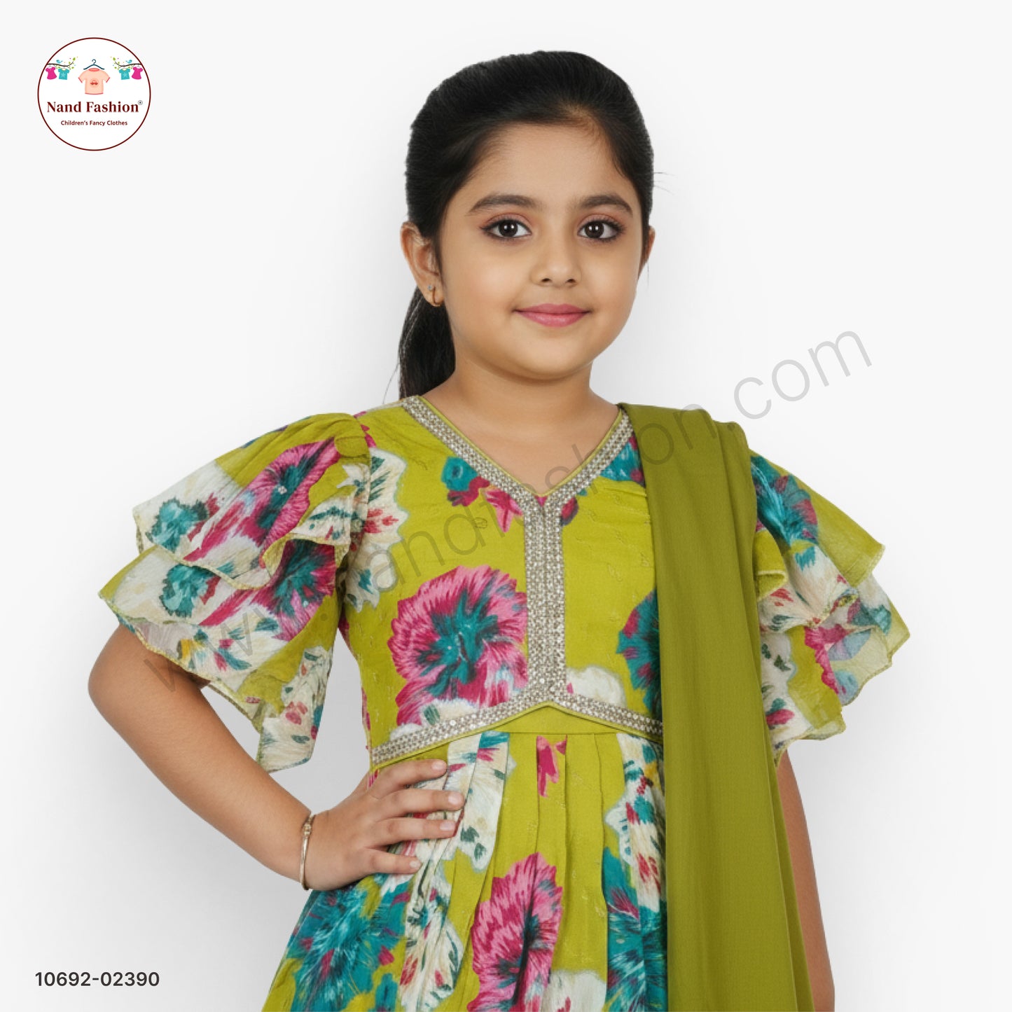 Olive Green Floral Printed Chaniya Choli with Dupatta for Girls – Elegant Festive Wear Set