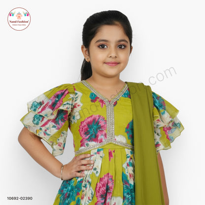 Olive Green Floral Printed Chaniya Choli with Dupatta for Girls – Elegant Festive Wear Set