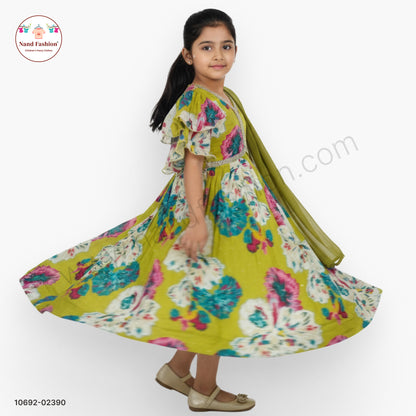 Olive Green Floral Printed Chaniya Choli with Dupatta for Girls – Elegant Festive Wear Set