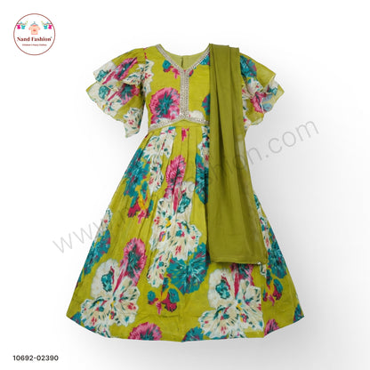 Olive Green Floral Printed Chaniya Choli with Dupatta for Girls – Elegant Festive Wear Set