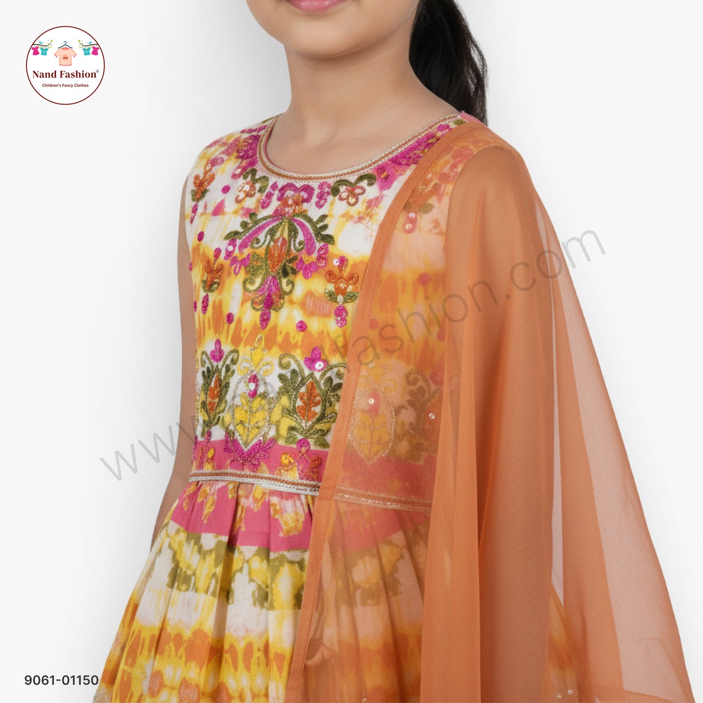 Printed Multicolor Chaniya Choli with Peach Dupatta for Girls – Festive & Garba Wear