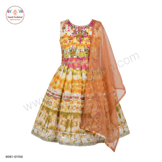 Printed Multicolor Chaniya Choli with Peach Dupatta for Girls – Festive & Garba Wear