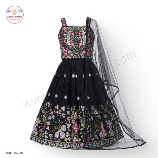 Black Floral Embroidered Chaniya Choli with Net Dupatta for Girls – Designer Festive Wear