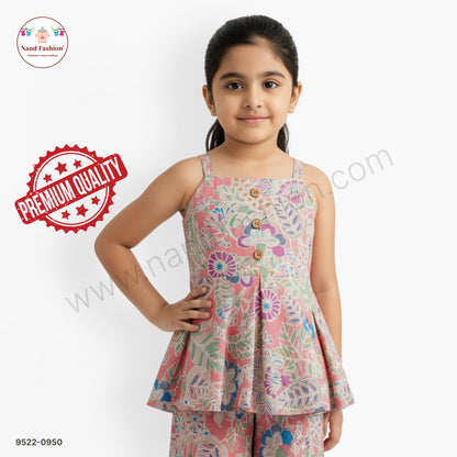 Peach Floral Printed Girls Co-ord Set with Sleeveless Top & Palazzo – Trendy Casual Wear