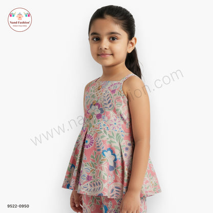 Peach Floral Printed Girls Co-ord Set with Sleeveless Top & Palazzo – Trendy Casual Wear