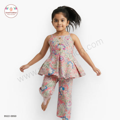 Peach Floral Printed Girls Co-ord Set with Sleeveless Top & Palazzo – Trendy Casual Wear
