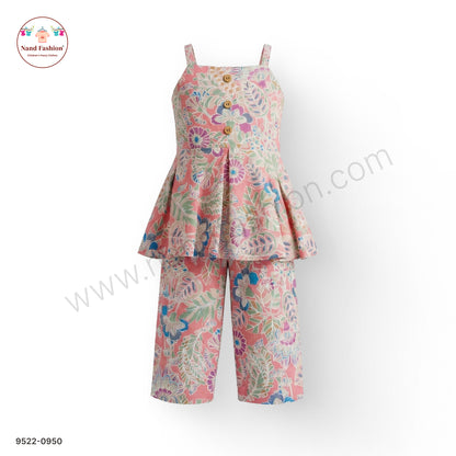 Peach Floral Printed Girls Co-ord Set with Sleeveless Top & Palazzo – Trendy Casual Wear