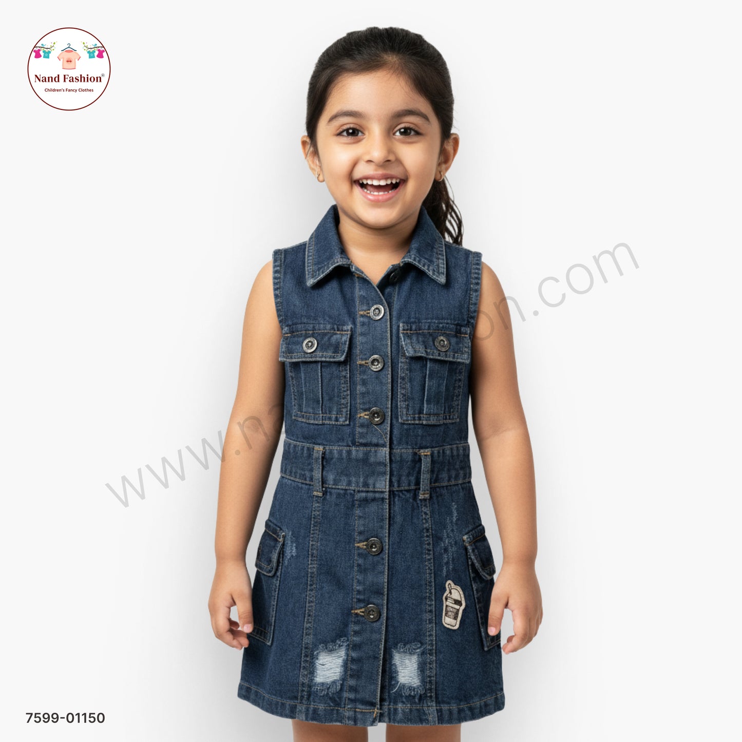 Girls Blue Denim Sleeveless Button-Down Frock | Kids Casual & Party Wear Dress