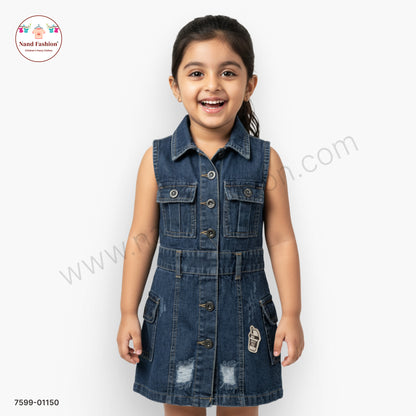 Girls Blue Denim Sleeveless Button-Down Frock | Kids Casual & Party Wear Dress