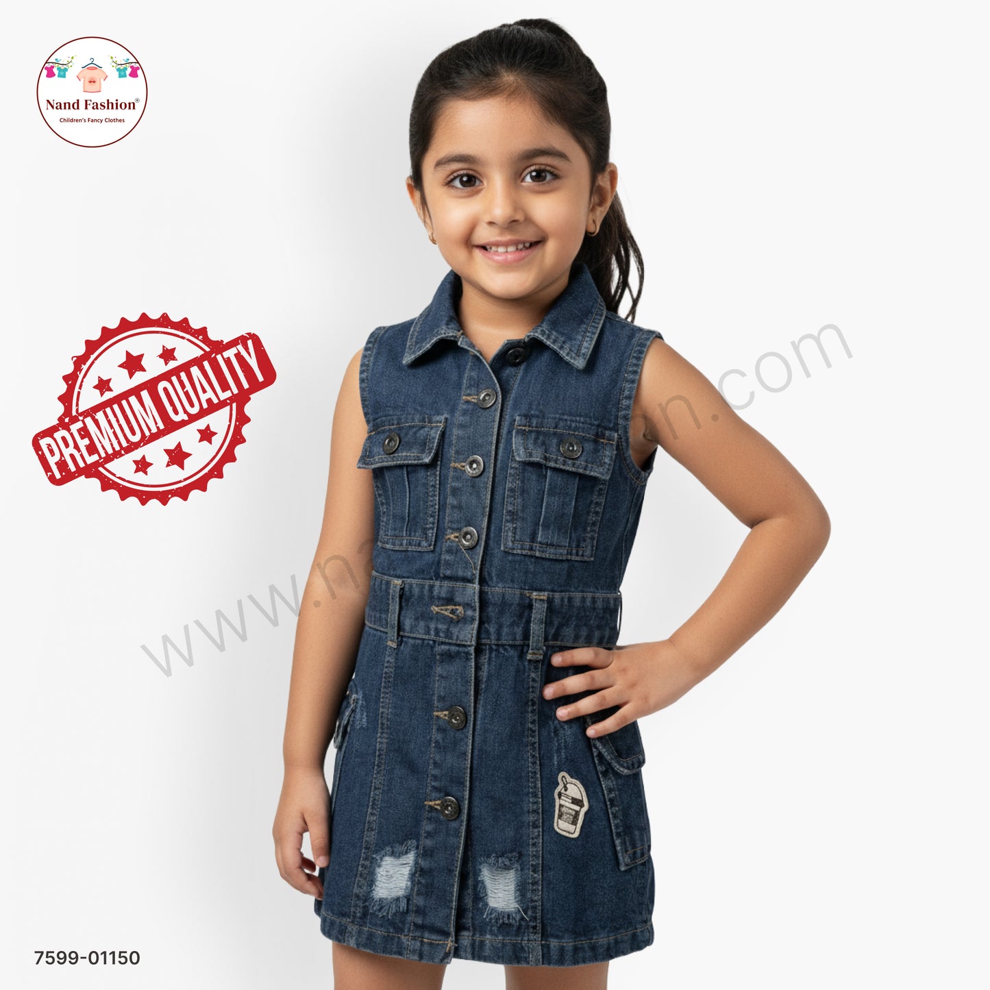 Girls Blue Denim Sleeveless Button-Down Frock | Kids Casual & Party Wear Dress