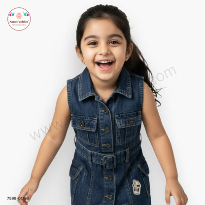 Girls Blue Denim Sleeveless Button-Down Frock | Kids Casual & Party Wear Dress