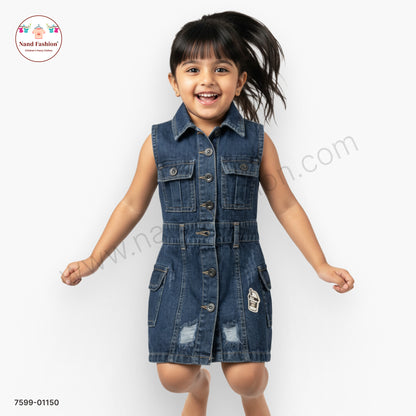 Girls Blue Denim Sleeveless Button-Down Frock | Kids Casual & Party Wear Dress