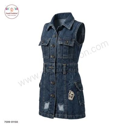 Girls Blue Denim Sleeveless Button-Down Frock | Kids Casual & Party Wear Dress