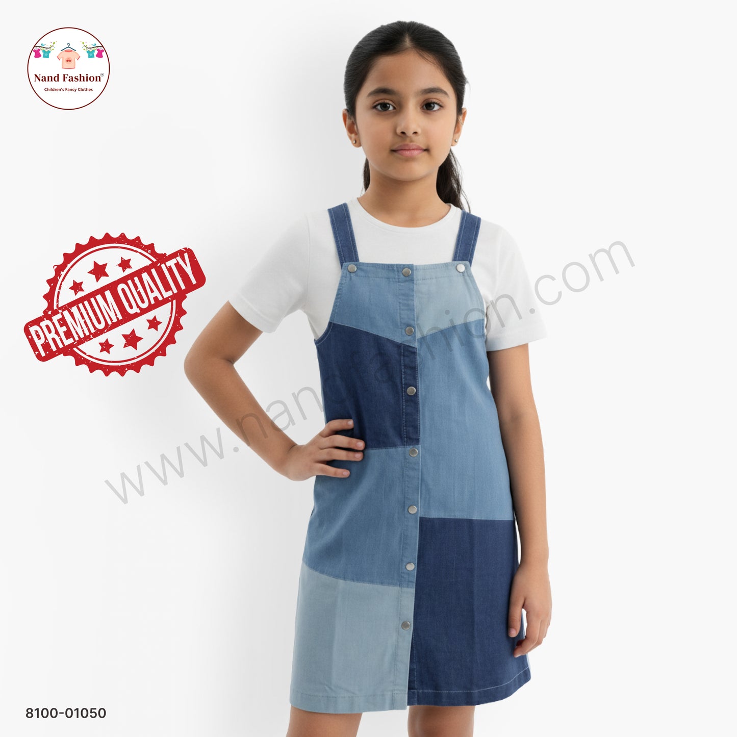 Girls Blue Patchwork Denim Dungaree Frock with White Inner | Kids Casual Western Wear