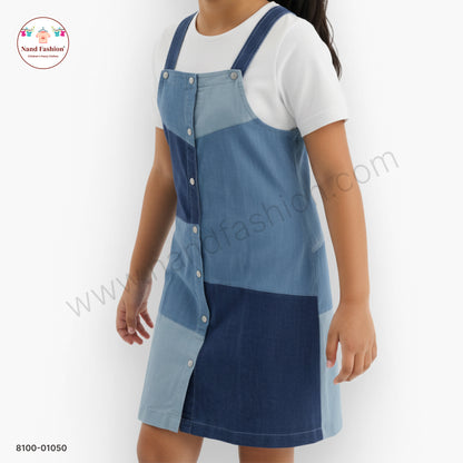 Girls Blue Patchwork Denim Dungaree Frock with White Inner | Kids Casual Western Wear