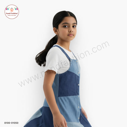 Girls Blue Patchwork Denim Dungaree Frock with White Inner | Kids Casual Western Wear