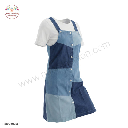 Girls Blue Patchwork Denim Dungaree Frock with White Inner | Kids Casual Western Wear