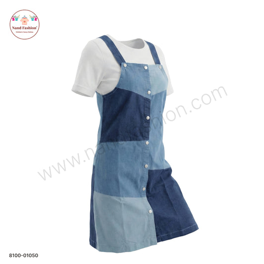 Girls Blue Patchwork Denim Dungaree Frock with White Inner | Kids Casual Western Wear