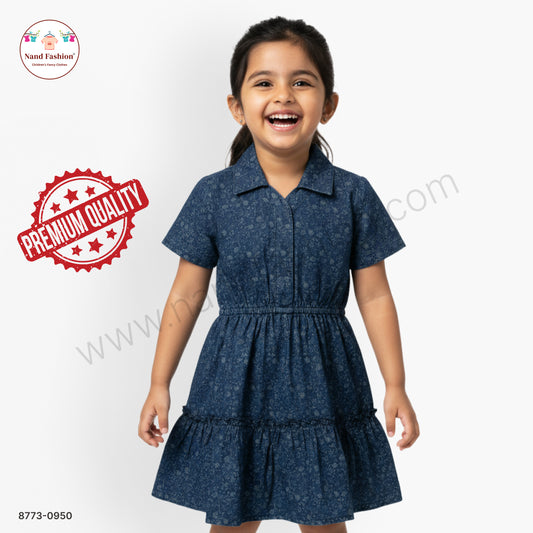 Girls Dark Blue Printed Denim Frock with Collared Neck | Kids Casual Denim Dress