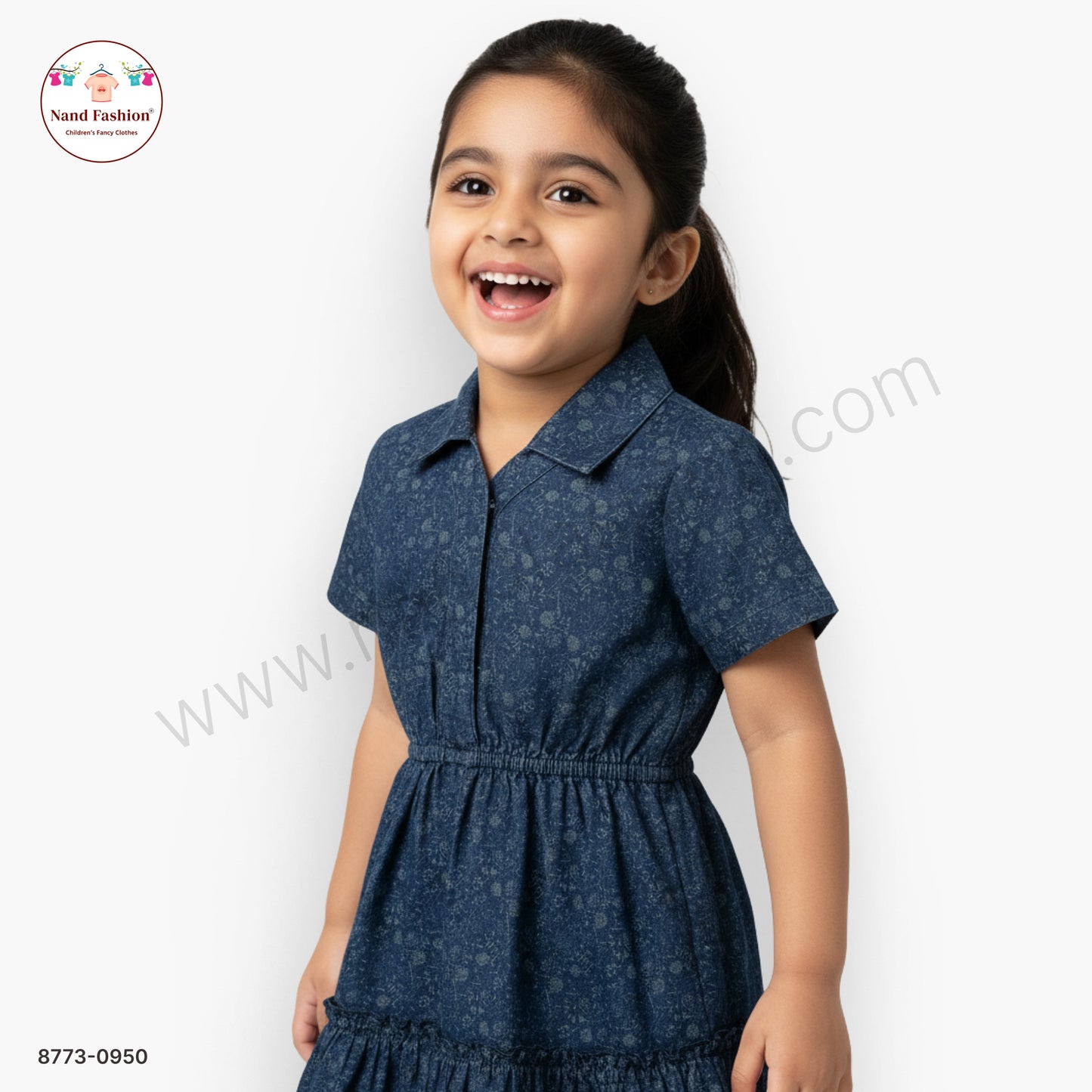 Girls Dark Blue Printed Denim Frock with Collared Neck | Kids Casual Denim Dress