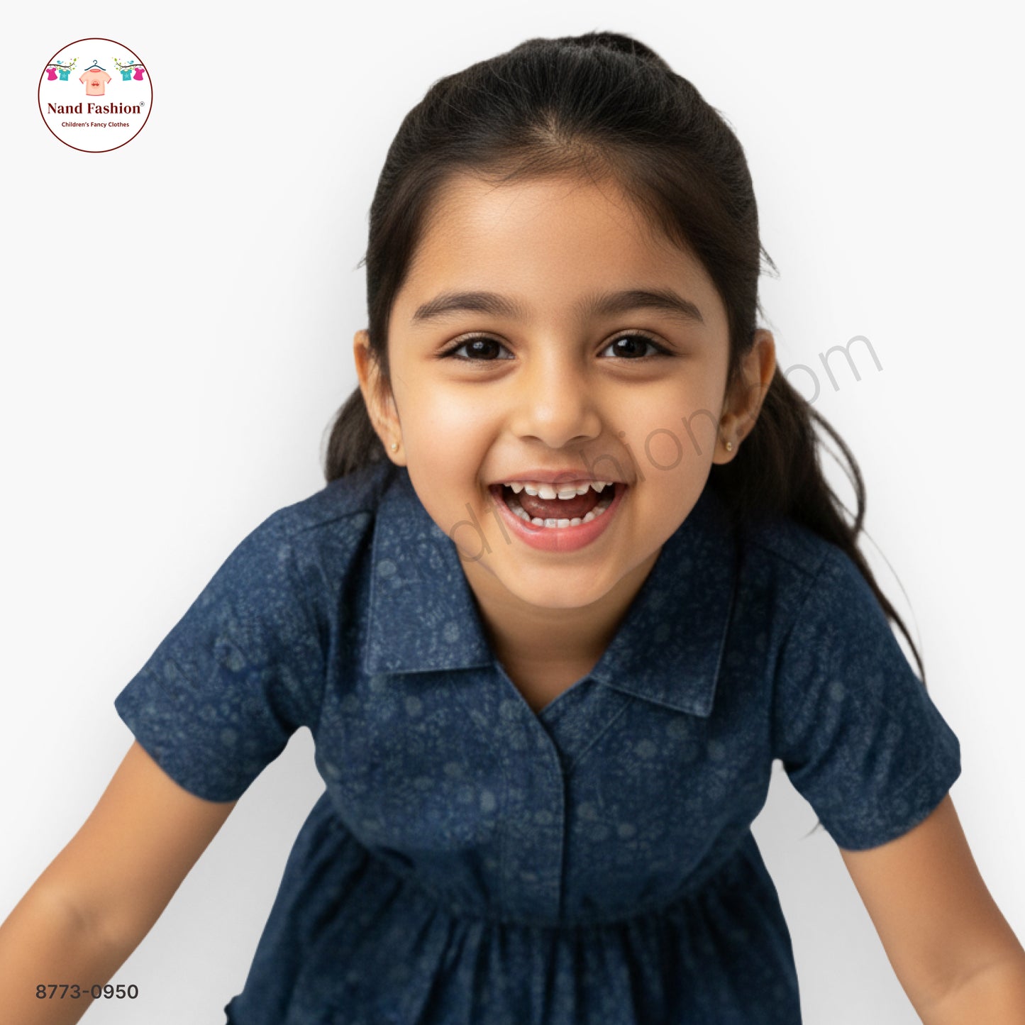 Girls Dark Blue Printed Denim Frock with Collared Neck | Kids Casual Denim Dress