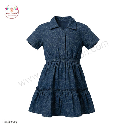 Girls Dark Blue Printed Denim Frock with Collared Neck | Kids Casual Denim Dress